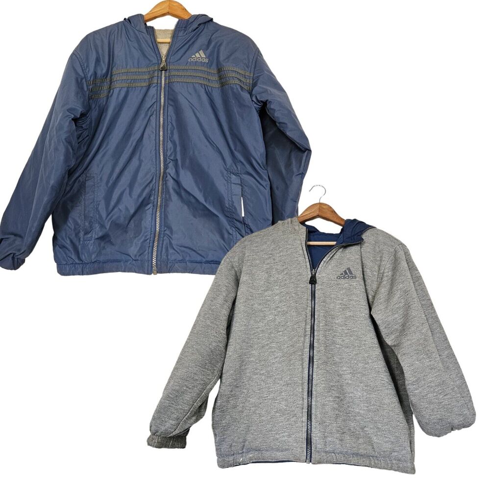 Vtg 90s Adidas Kids Reversible Puffer Jacket Boys L Blue Fleece Logo 3 Stripe